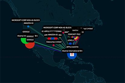 Attack Operations Theater screenshot: global activity map with ASN view
